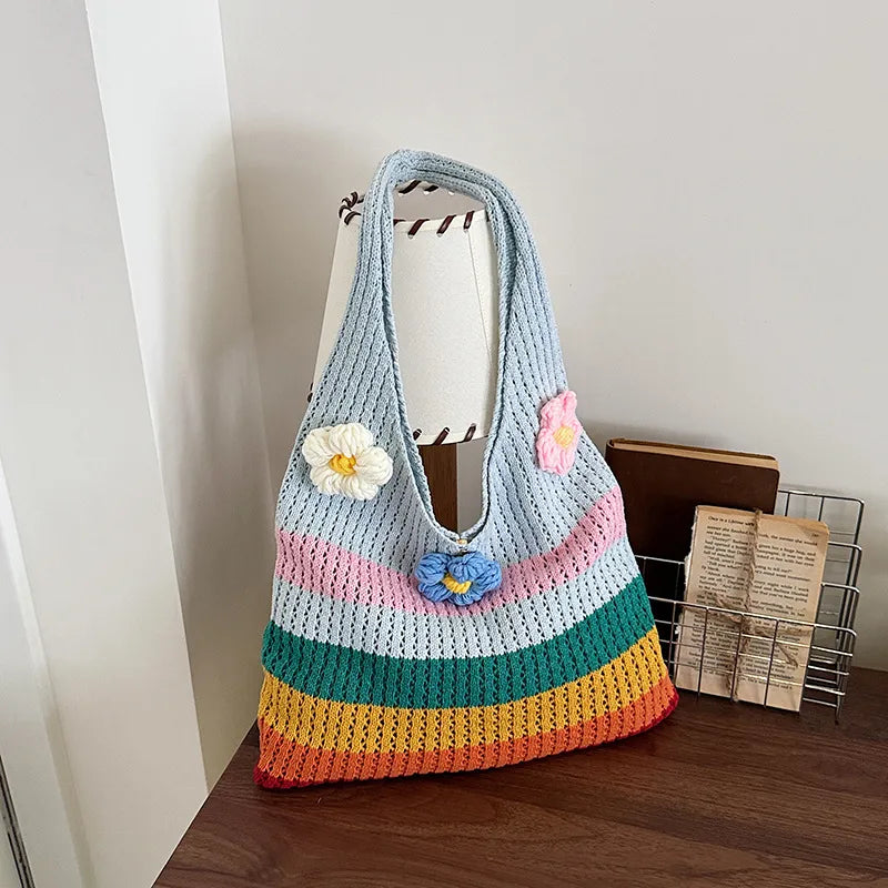 Rainbow Cotton Braid Tote Bag for Women with Single Shoulder Strap, Perfect for Summer