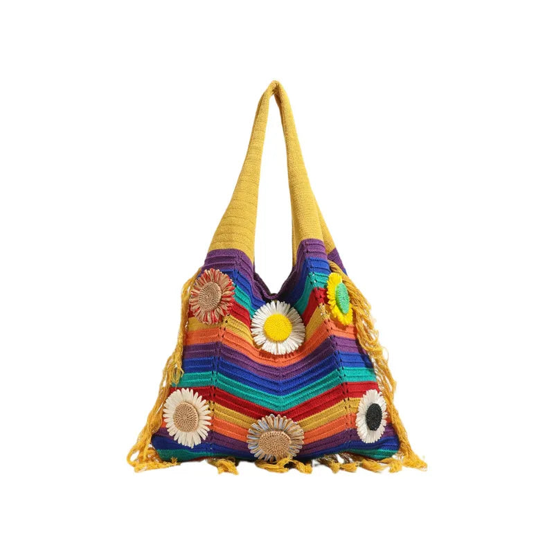 Rainbow Canvas Bucket Bag with Braid Detail, Single Shoulder Strap, Perfect for Summer
