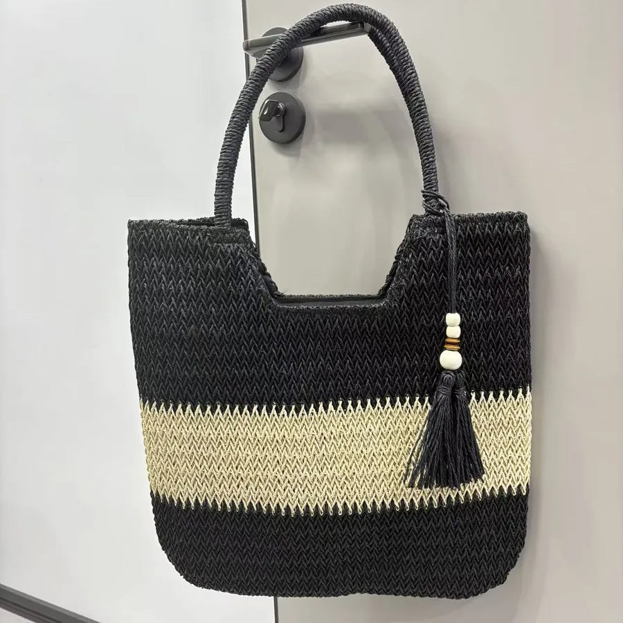 Women's Large Straw Color Block Basic Beach Weave Square Zipper beach bag