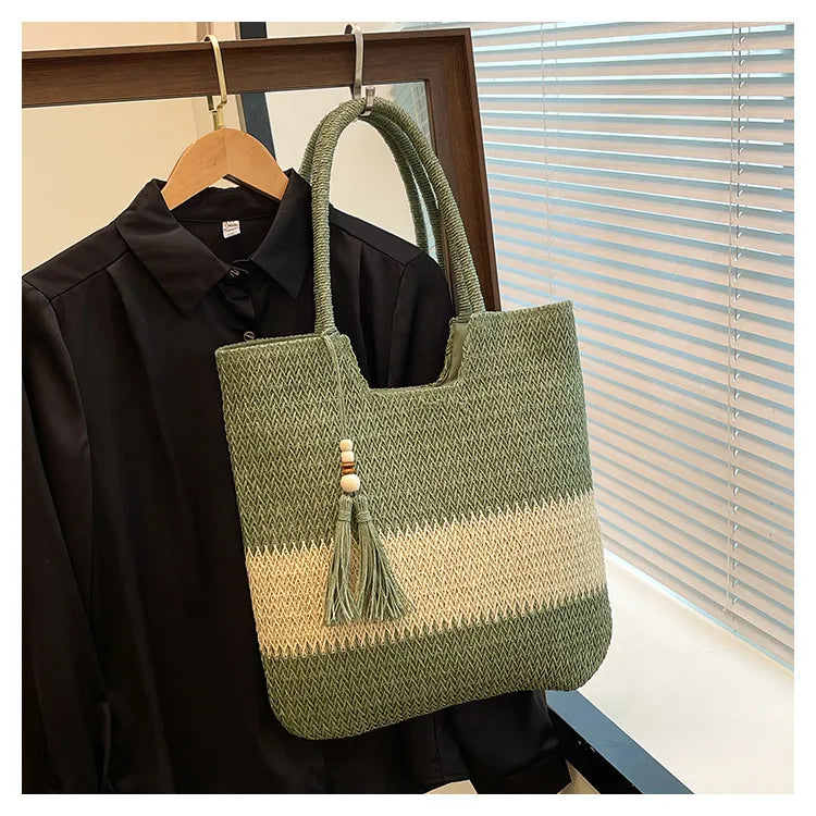 Women's Large Straw Color Block Basic Beach Weave Square Zipper beach bag