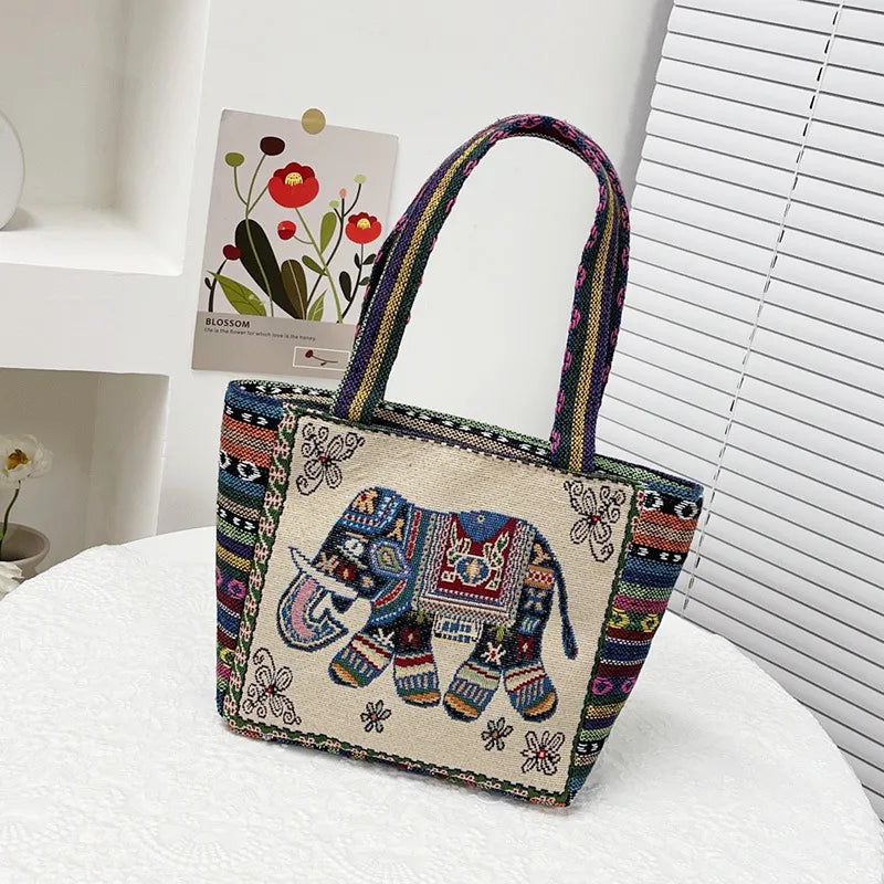 Retro Ethnic Style Handbag Embroidered Canvas Elephant Owl Lunch Box Mom Bag Versatile Cartoon Design Square Shape Shoulder Bag