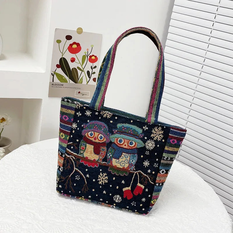 Retro Ethnic Style Handbag Embroidered Canvas Elephant Owl Lunch Box Mom Bag Versatile Cartoon Design Square Shape Shoulder Bag