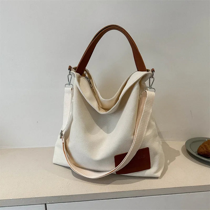 Large Capacity Canvas Tote Bag Women Commuter Crossbody Bag Fashionable Street Style Polyester Lining Zipper Closure Square Shape