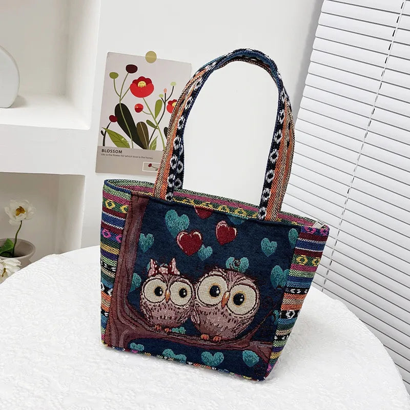 Retro Ethnic Style Handbag Embroidered Canvas Elephant Owl Lunch Box Mom Bag Versatile Cartoon Design Square Shape Shoulder Bag