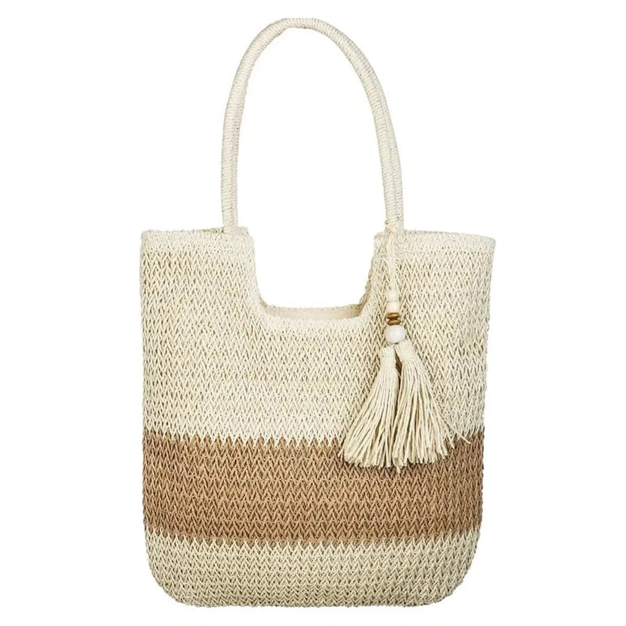 Women's Large Straw Color Block Basic Beach Weave Square Zipper beach bag