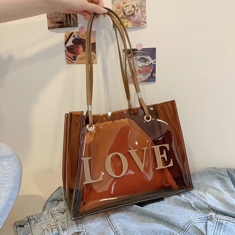 Transparent Square PVC Jelly Bag for Women with Single Shoulder Strap featuring Printing Design