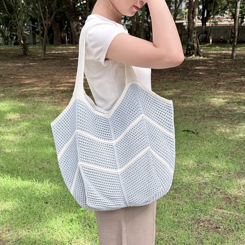 Women’s Splicing Shell Pattern Knit Tote Bag with Braid Design and Single Shoulder Strap