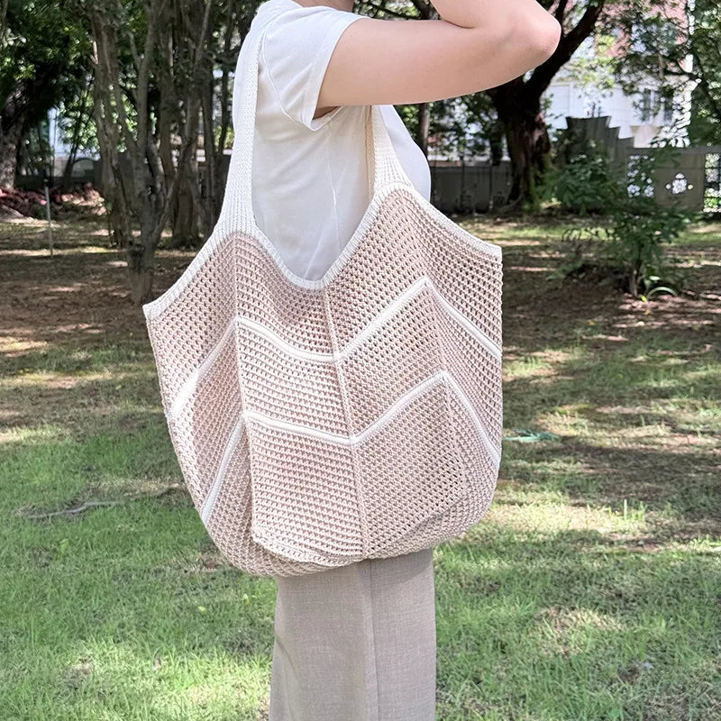 Women’s Splicing Shell Pattern Knit Tote Bag with Braid Design and Single Shoulder Strap