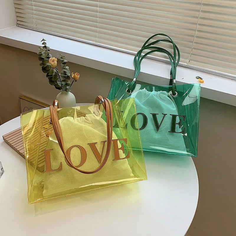 Transparent Square PVC Jelly Bag for Women with Single Shoulder Strap featuring Printing Design