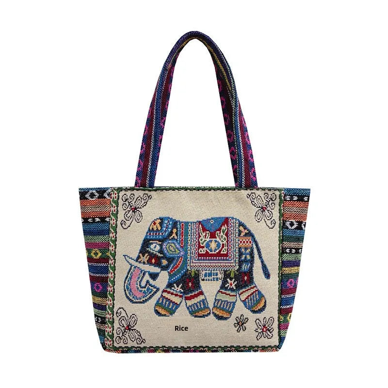 Retro Ethnic Style Handbag Embroidered Canvas Elephant Owl Lunch Box Mom Bag Versatile Cartoon Design Square Shape Shoulder Bag
