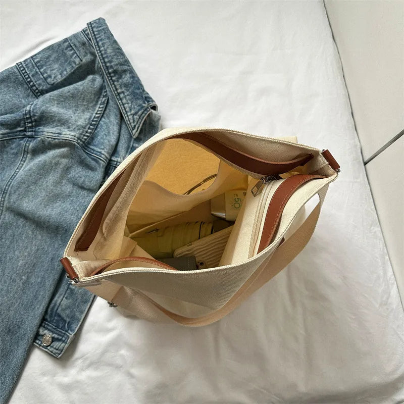 Large Capacity Canvas Tote Bag Women Commuter Crossbody Bag Fashionable Street Style Polyester Lining Zipper Closure Square Shape