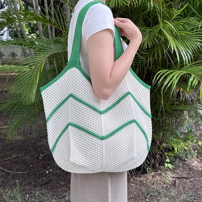 Women’s Splicing Shell Pattern Knit Tote Bag with Braid Design and Single Shoulder Strap