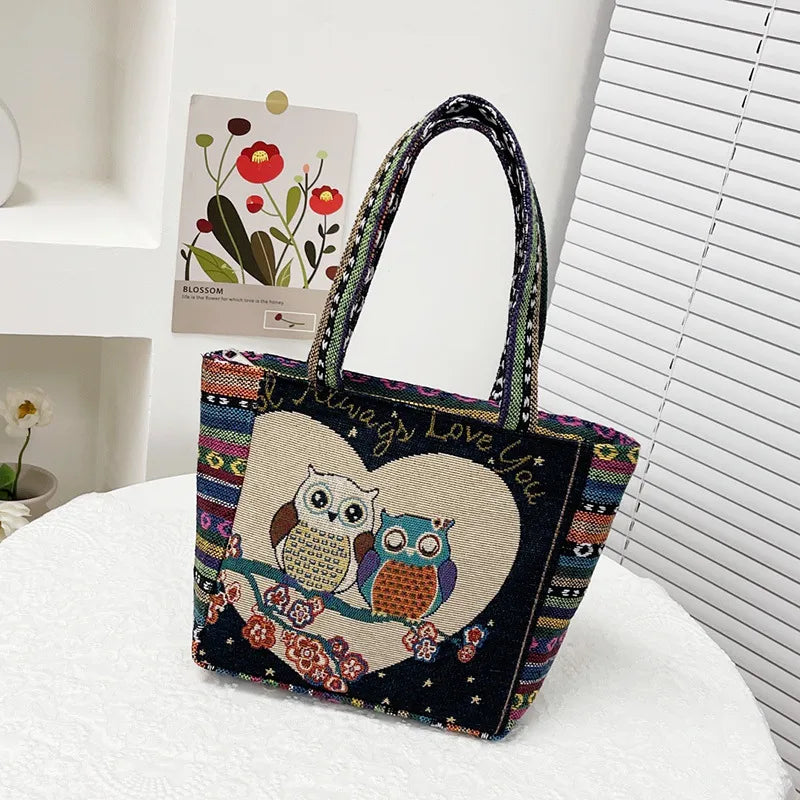 Retro Ethnic Style Handbag Embroidered Canvas Elephant Owl Lunch Box Mom Bag Versatile Cartoon Design Square Shape Shoulder Bag
