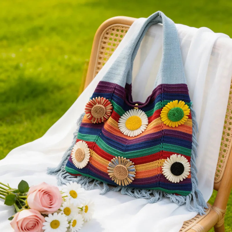 Rainbow Canvas Bucket Bag with Braid Detail, Single Shoulder Strap, Perfect for Summer