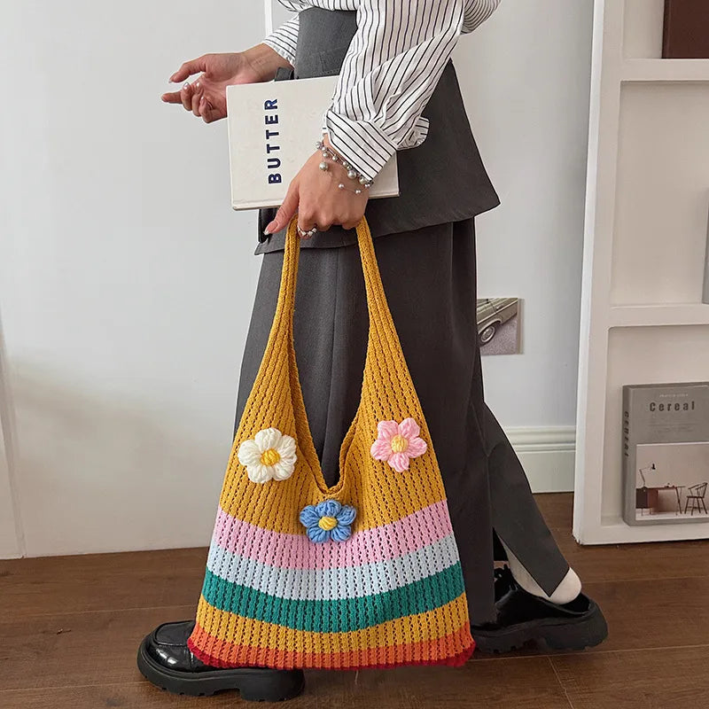Rainbow Cotton Braid Tote Bag for Women with Single Shoulder Strap, Perfect for Summer