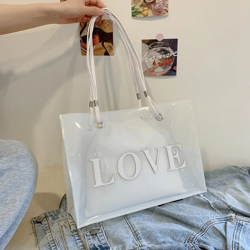 Transparent Square PVC Jelly Bag for Women with Single Shoulder Strap featuring Printing Design