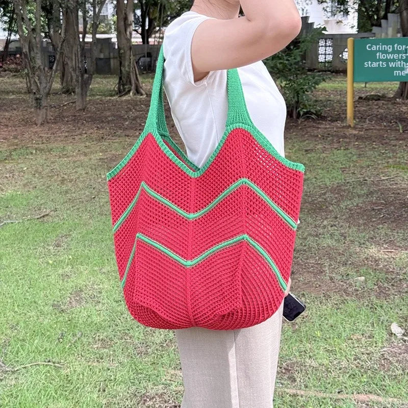 Women’s Splicing Shell Pattern Knit Tote Bag with Braid Design and Single Shoulder Strap