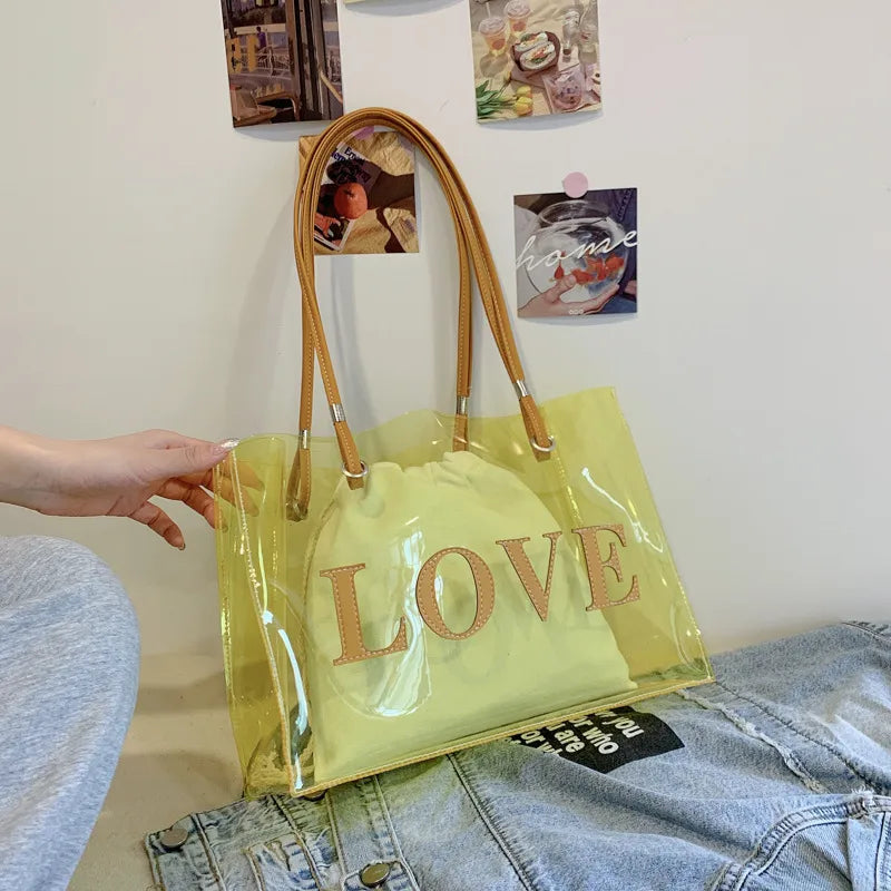 Transparent Square PVC Jelly Bag for Women with Single Shoulder Strap featuring Printing Design