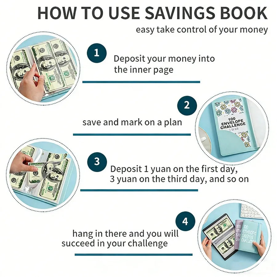 Couple Pu Leather Mini Budget Binder Coin Purse Featuring 100-Day Savings Challenge Handbook