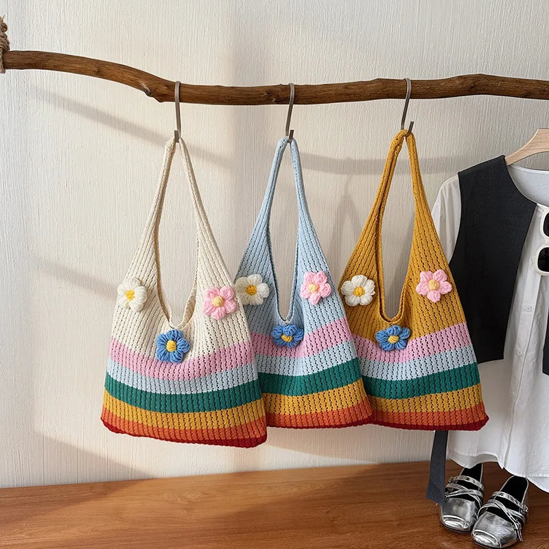 Rainbow Cotton Braid Tote Bag for Women with Single Shoulder Strap, Perfect for Summer