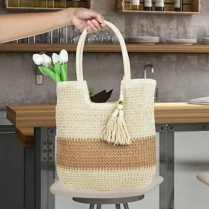 Women's Large Straw Color Block Basic Beach Weave Square Zipper beach bag
