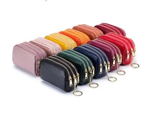 women's solid color leather zipper coin purses