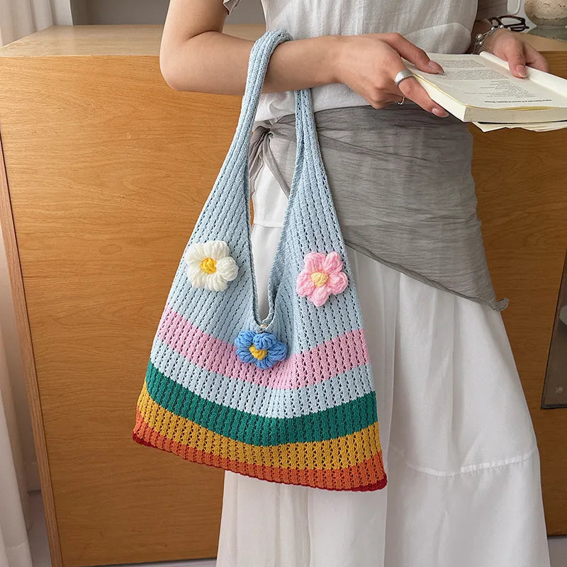 Rainbow Cotton Braid Tote Bag for Women with Single Shoulder Strap, Perfect for Summer