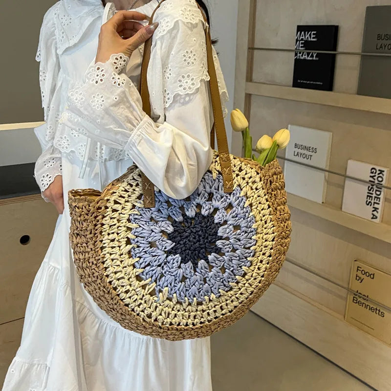 Women's Large Straw Color Block Vacation Beach Round Zipper Straw Bag