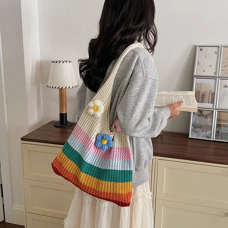Rainbow Cotton Braid Tote Bag for Women with Single Shoulder Strap, Perfect for Summer
