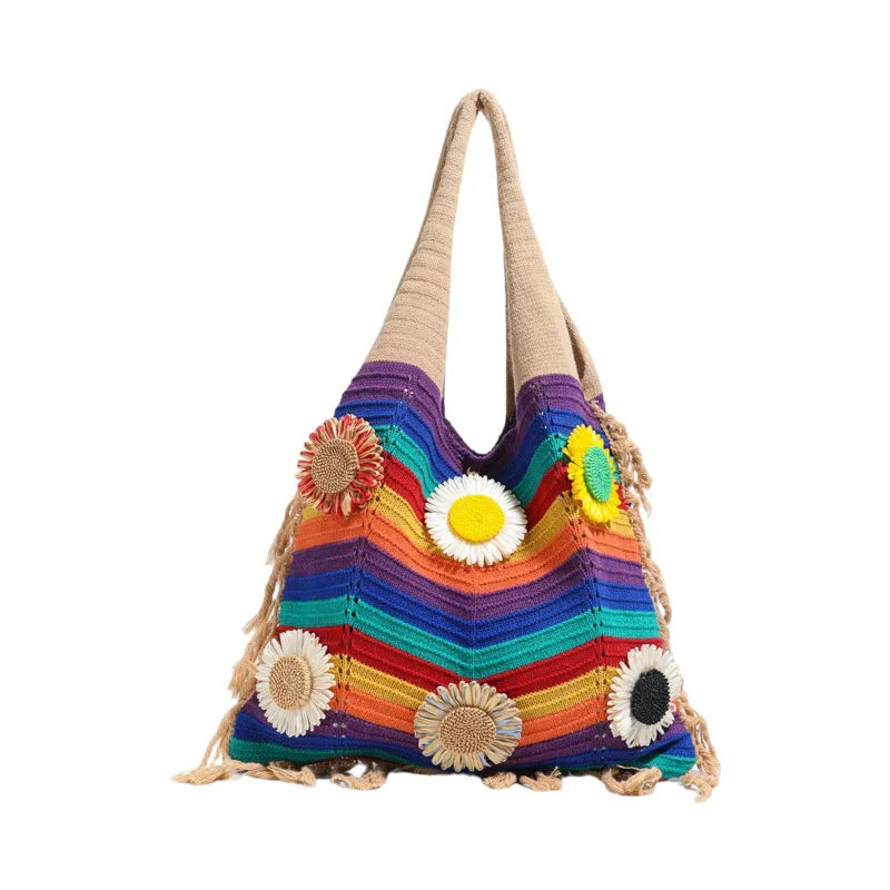 Rainbow Canvas Bucket Bag with Braid Detail, Single Shoulder Strap, Perfect for Summer