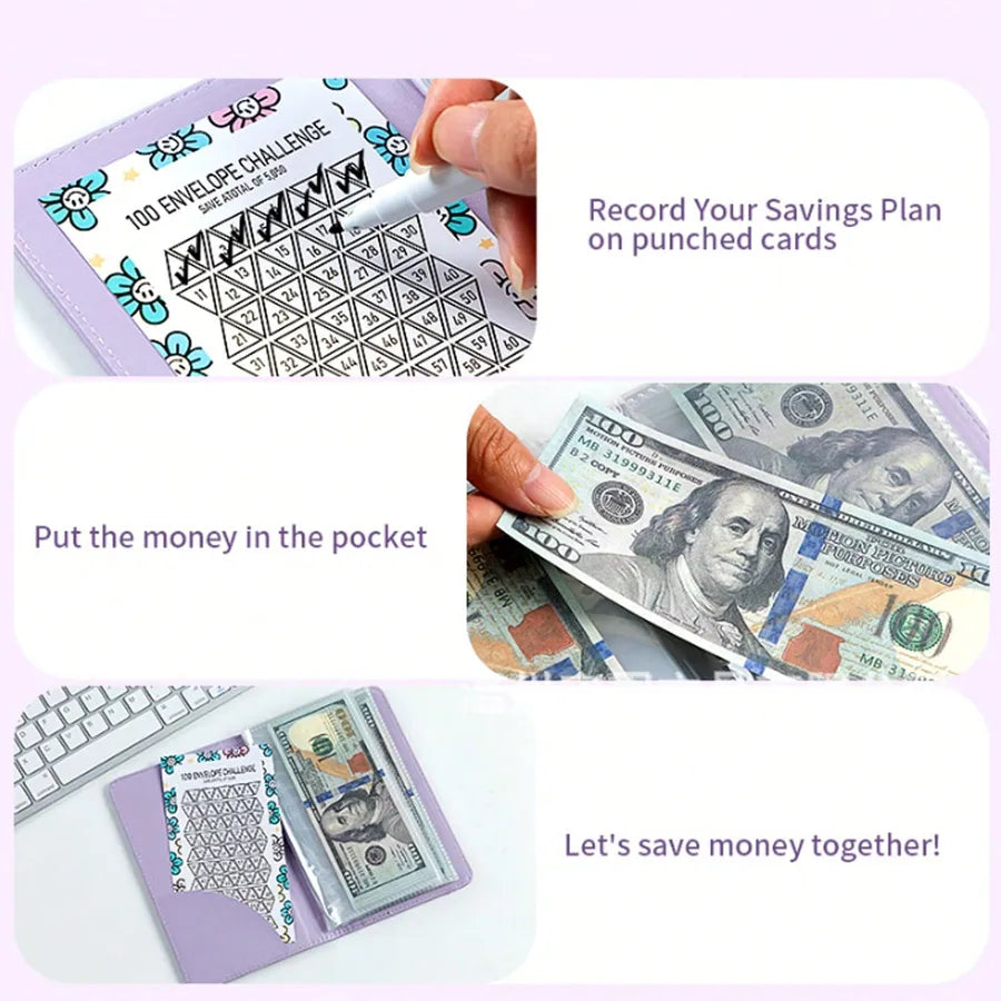 Couple Pu Leather Mini Budget Binder Coin Purse Featuring 100-Day Savings Challenge Handbook