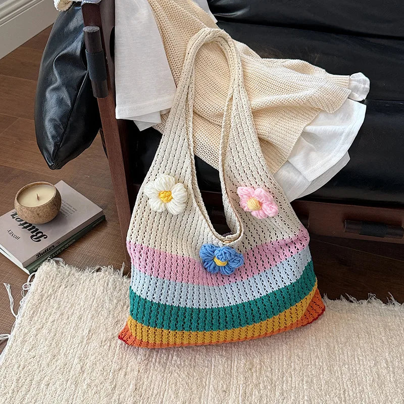 Rainbow Cotton Braid Tote Bag for Women with Single Shoulder Strap, Perfect for Summer