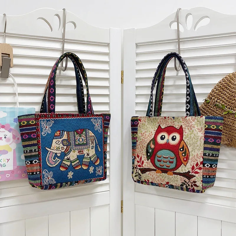 Retro Ethnic Style Handbag Embroidered Canvas Elephant Owl Lunch Box Mom Bag Versatile Cartoon Design Square Shape Shoulder Bag