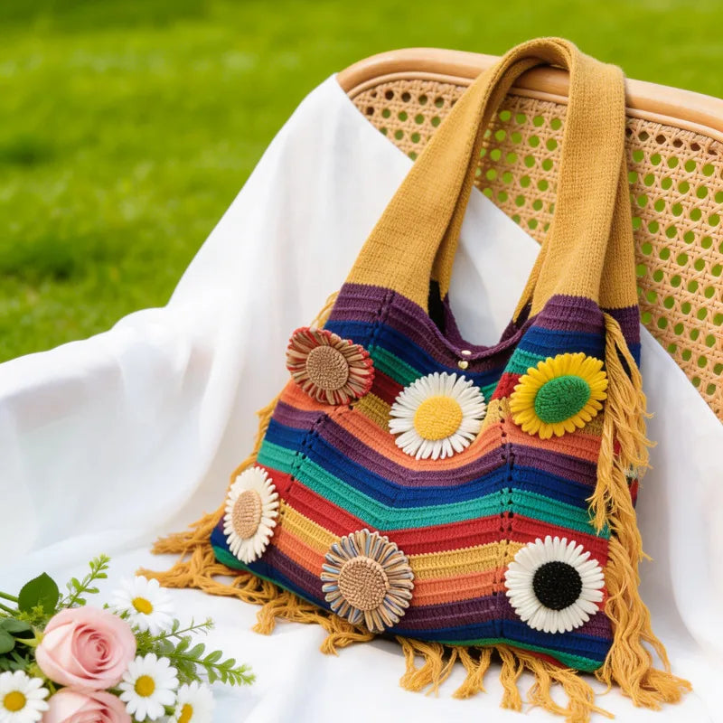 Rainbow Canvas Bucket Bag with Braid Detail, Single Shoulder Strap, Perfect for Summer