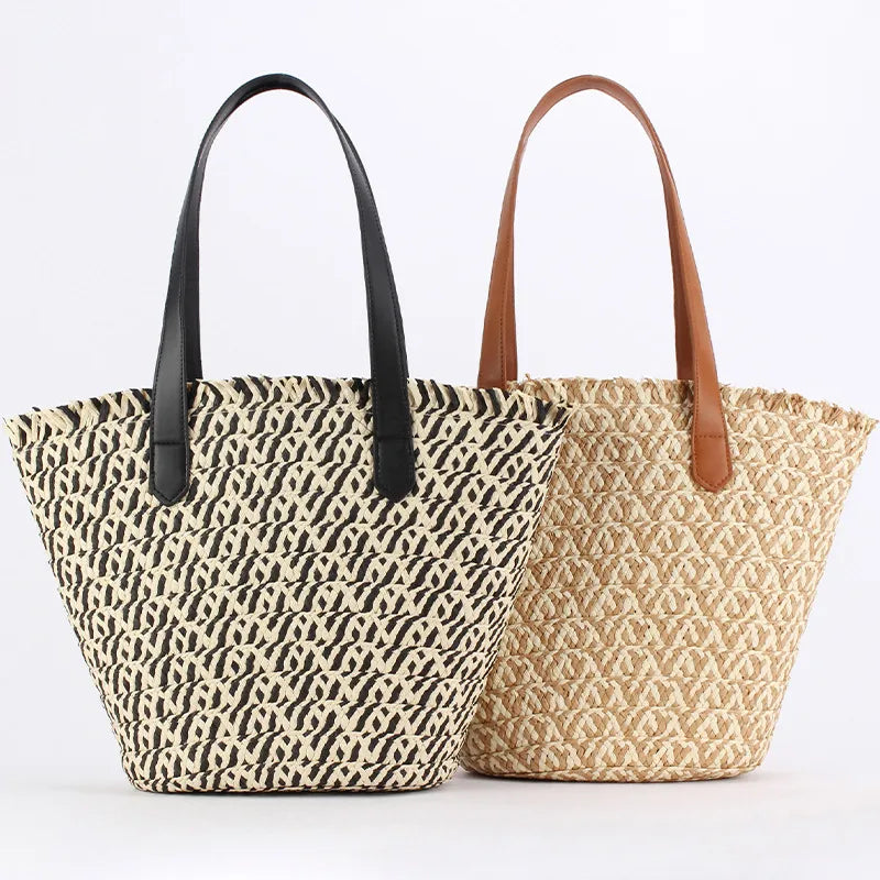 Women's Large Straw Geometric Vacation Bucket Zipper Straw Bag
