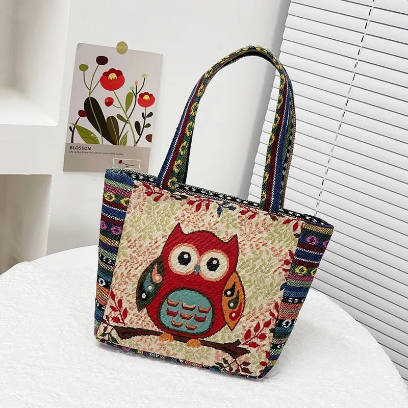 Retro Ethnic Style Handbag Embroidered Canvas Elephant Owl Lunch Box Mom Bag Versatile Cartoon Design Square Shape Shoulder Bag