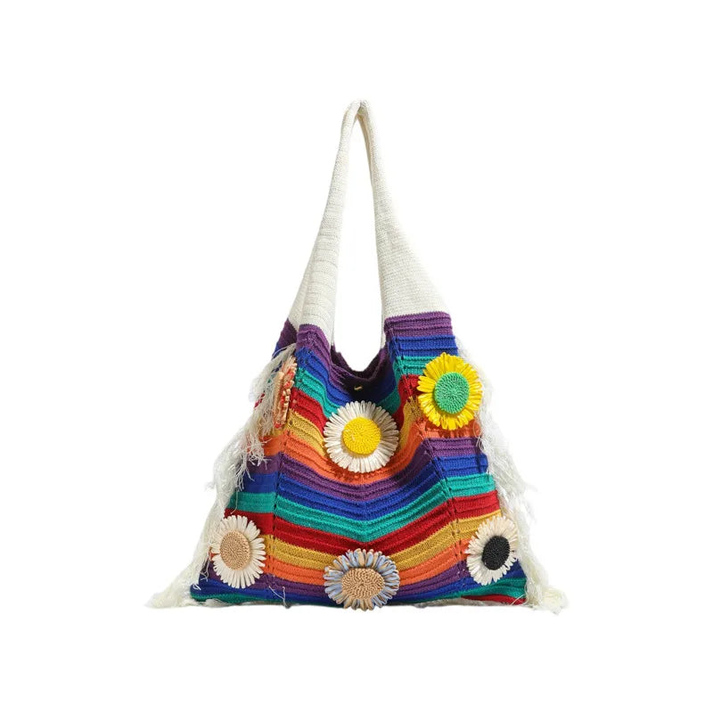 Rainbow Canvas Bucket Bag with Braid Detail, Single Shoulder Strap, Perfect for Summer
