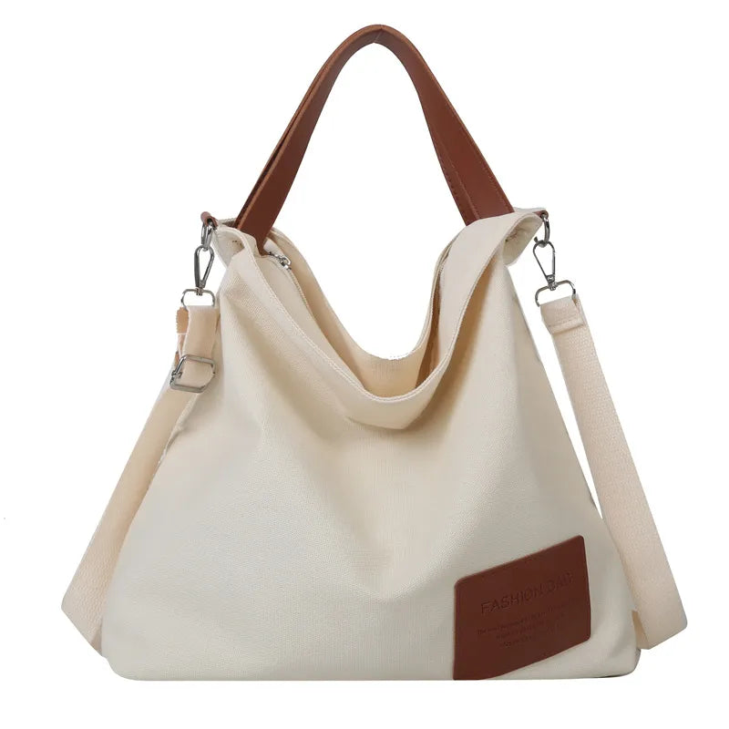 Large Capacity Canvas Tote Bag Women Commuter Crossbody Bag Fashionable Street Style Polyester Lining Zipper Closure Square Shape