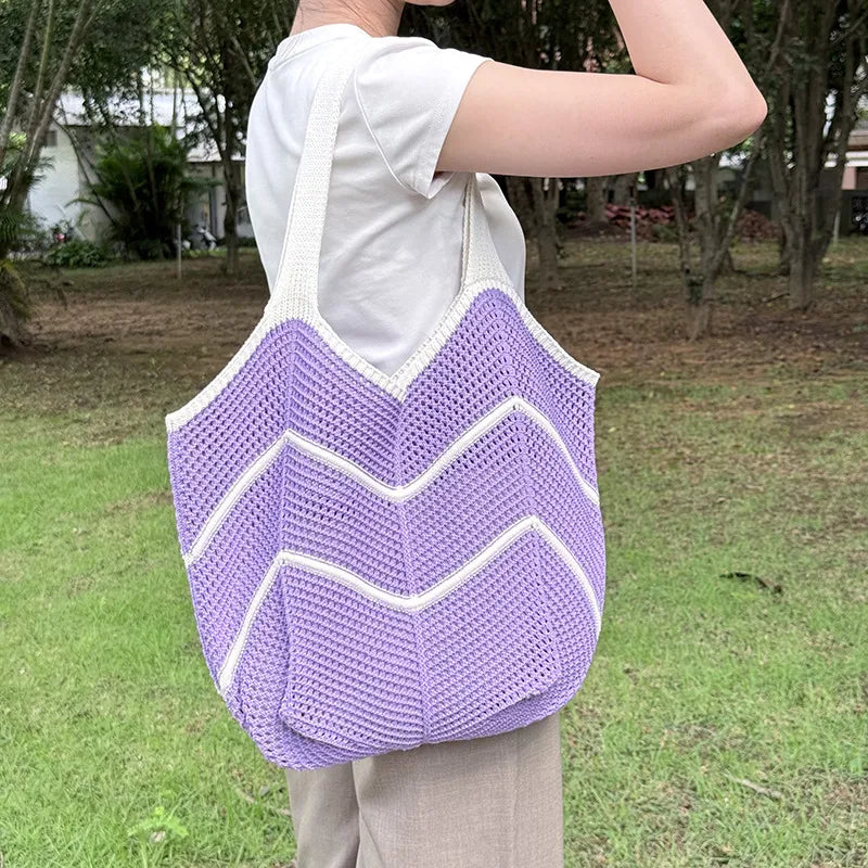 Women’s Splicing Shell Pattern Knit Tote Bag with Braid Design and Single Shoulder Strap