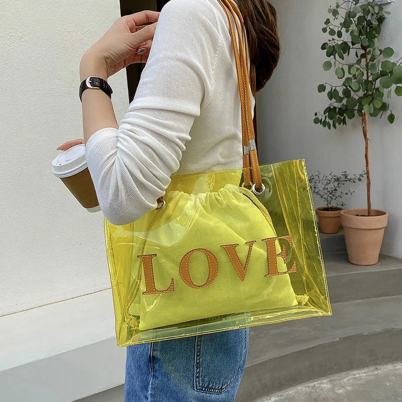 Transparent Square PVC Jelly Bag for Women with Single Shoulder Strap featuring Printing Design