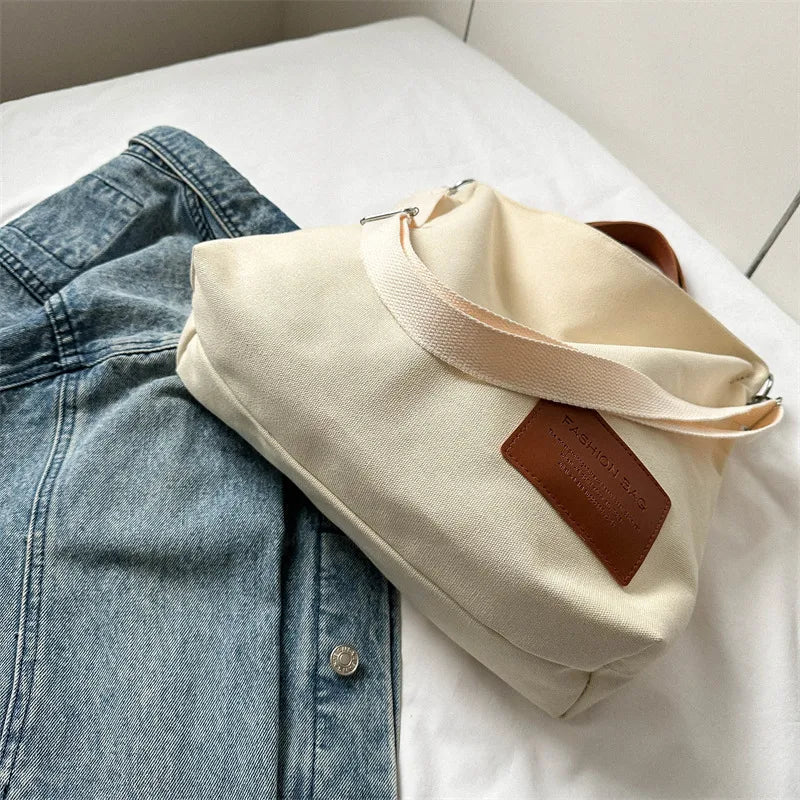 Large Capacity Canvas Tote Bag Women Commuter Crossbody Bag Fashionable Street Style Polyester Lining Zipper Closure Square Shape