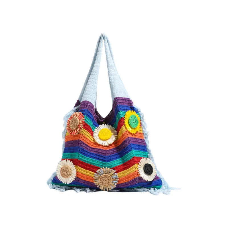 Rainbow Canvas Bucket Bag with Braid Detail, Single Shoulder Strap, Perfect for Summer