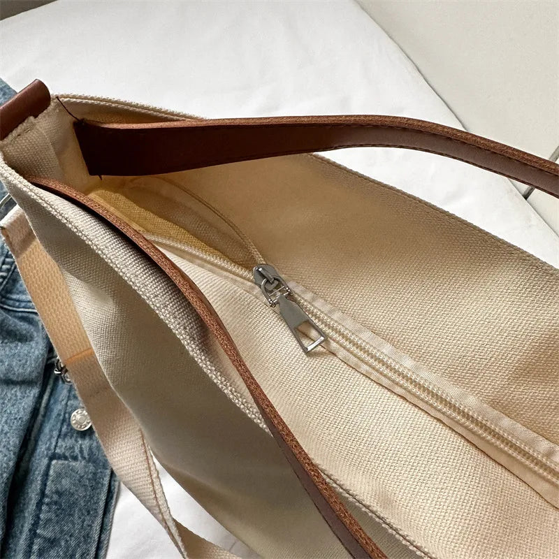Large Capacity Canvas Tote Bag Women Commuter Crossbody Bag Fashionable Street Style Polyester Lining Zipper Closure Square Shape