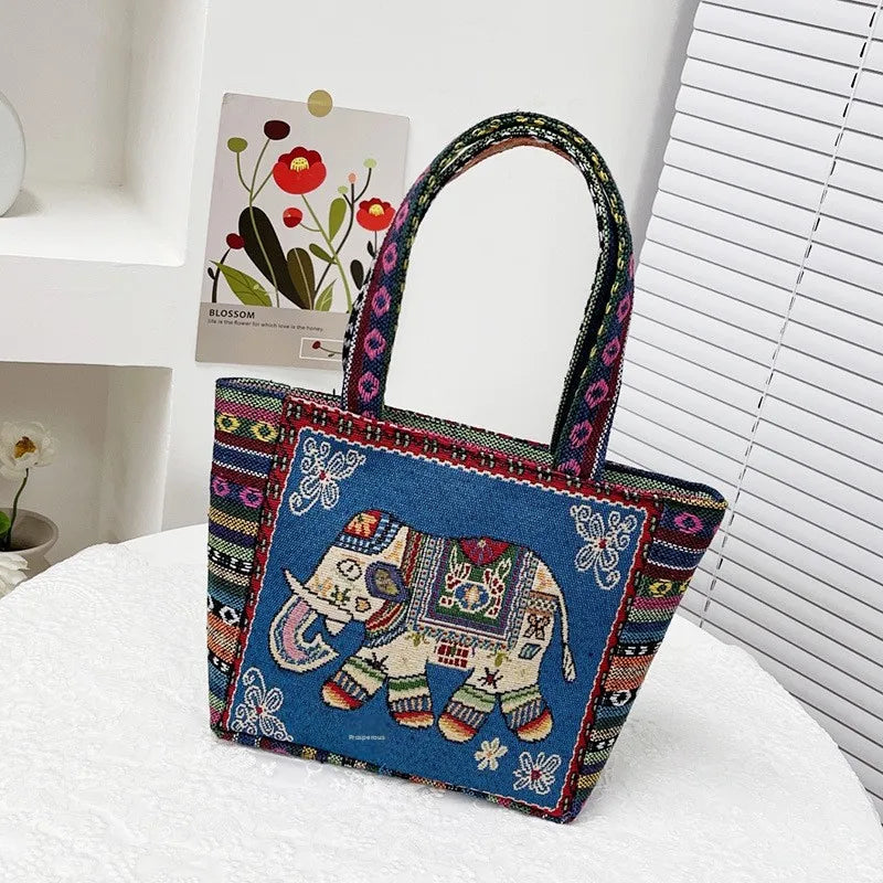 Retro Ethnic Style Handbag Embroidered Canvas Elephant Owl Lunch Box Mom Bag Versatile Cartoon Design Square Shape Shoulder Bag