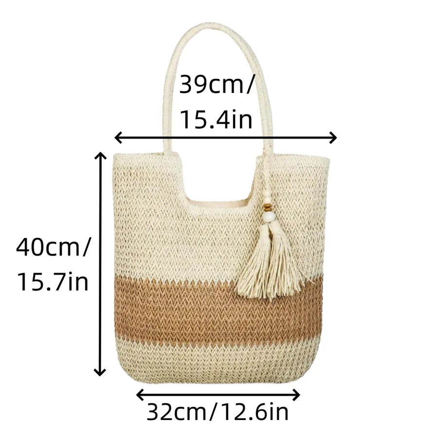Women's Large Straw Color Block Basic Beach Weave Square Zipper beach bag