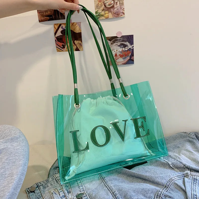 Transparent Square PVC Jelly Bag for Women with Single Shoulder Strap featuring Printing Design
