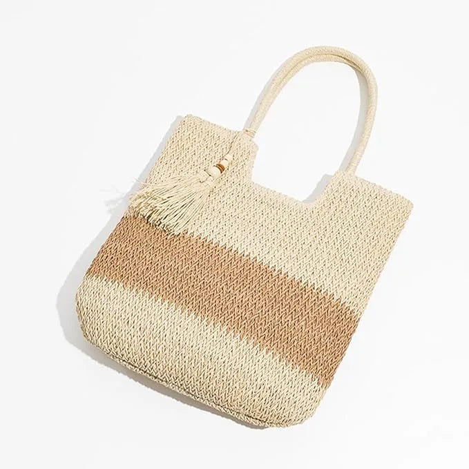 Women's Large Straw Color Block Basic Beach Weave Square Zipper beach bag