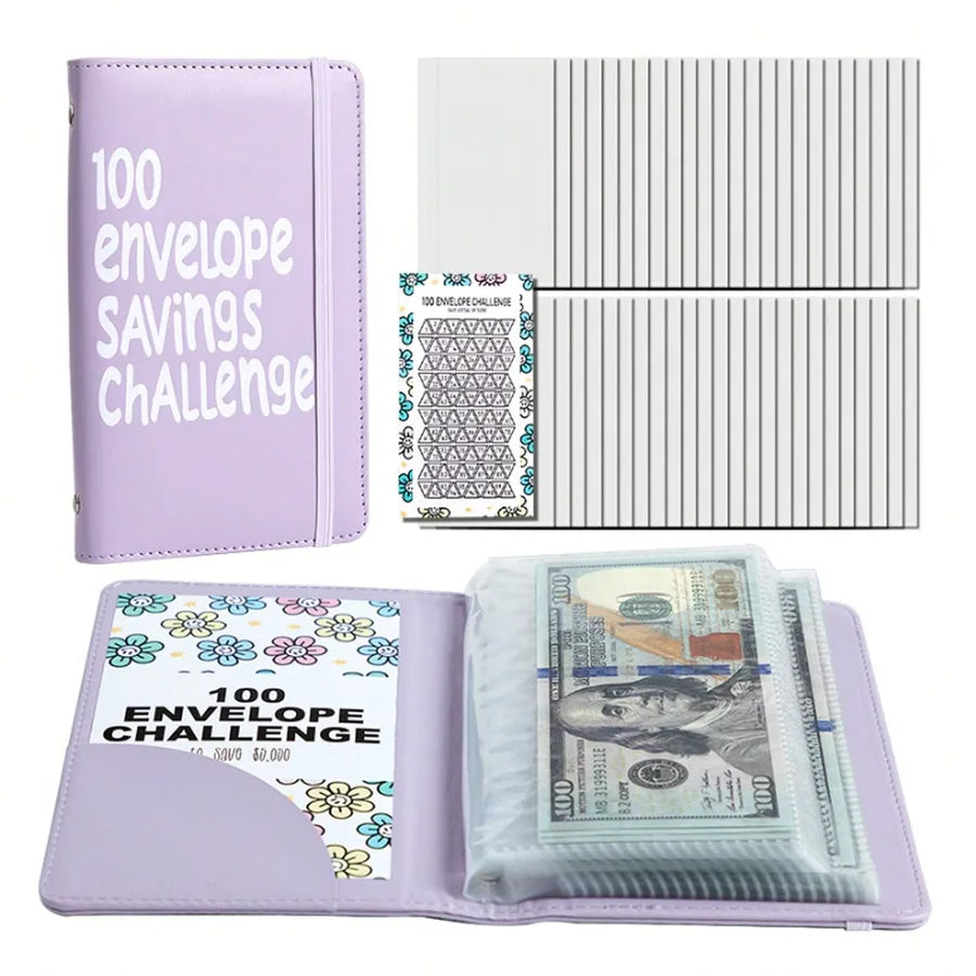 Couple Pu Leather Mini Budget Binder Coin Purse Featuring 100-Day Savings Challenge Handbook