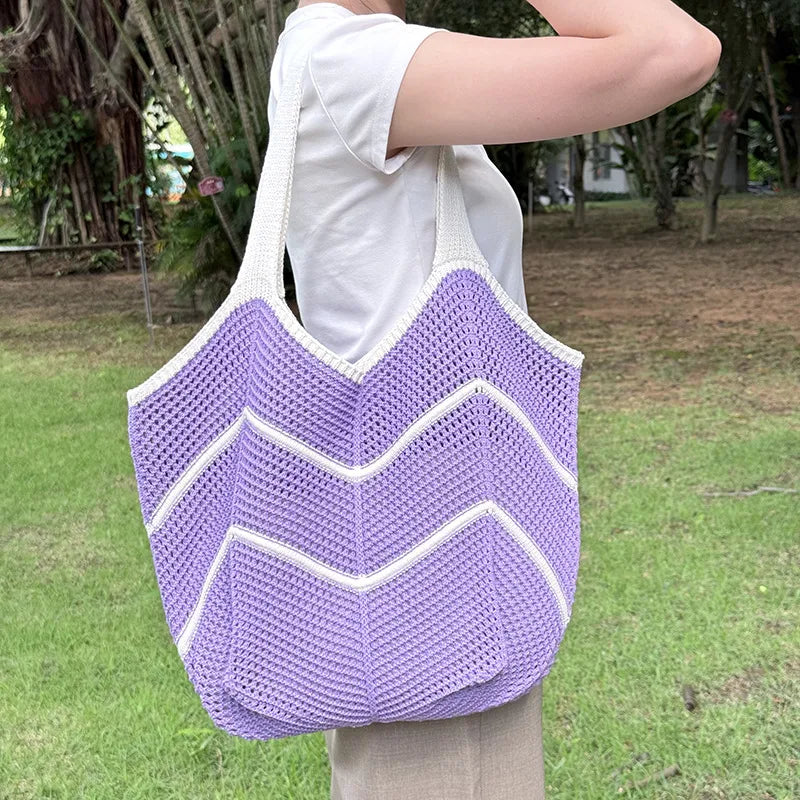 Women’s Splicing Shell Pattern Knit Tote Bag with Braid Design and Single Shoulder Strap