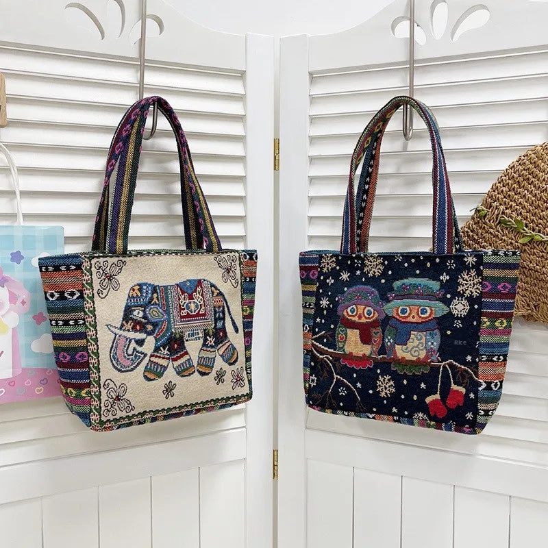 Retro Ethnic Style Handbag Embroidered Canvas Elephant Owl Lunch Box Mom Bag Versatile Cartoon Design Square Shape Shoulder Bag
